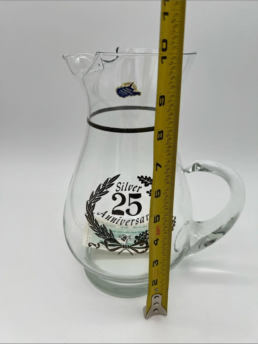 Vintage West Virginia Glass Co. 25th Silver Anniversary Hand-blown Glass Pitcher